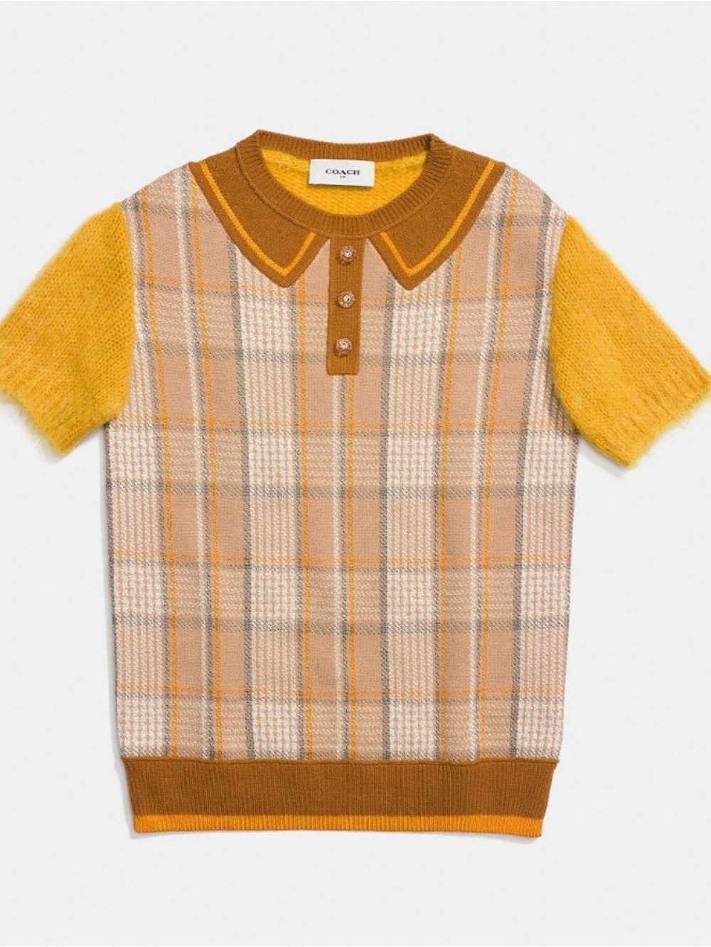 Coach Yellow Plaid Short Sleeve Knit Top with Contrast Collar
